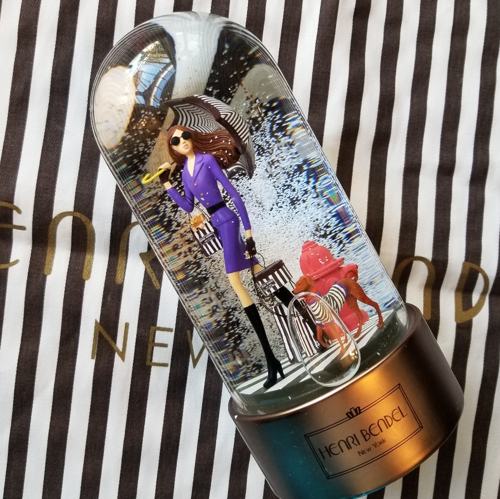 Henri Bendel Girl And Dog With Bendel Hat Boxes Large Snowglobe 2011